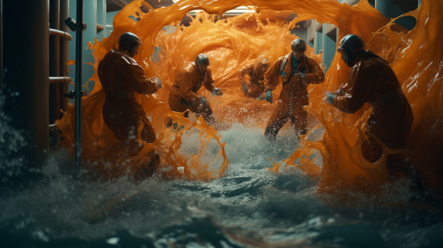 Adventurers caught in whirlpool of orange liquid