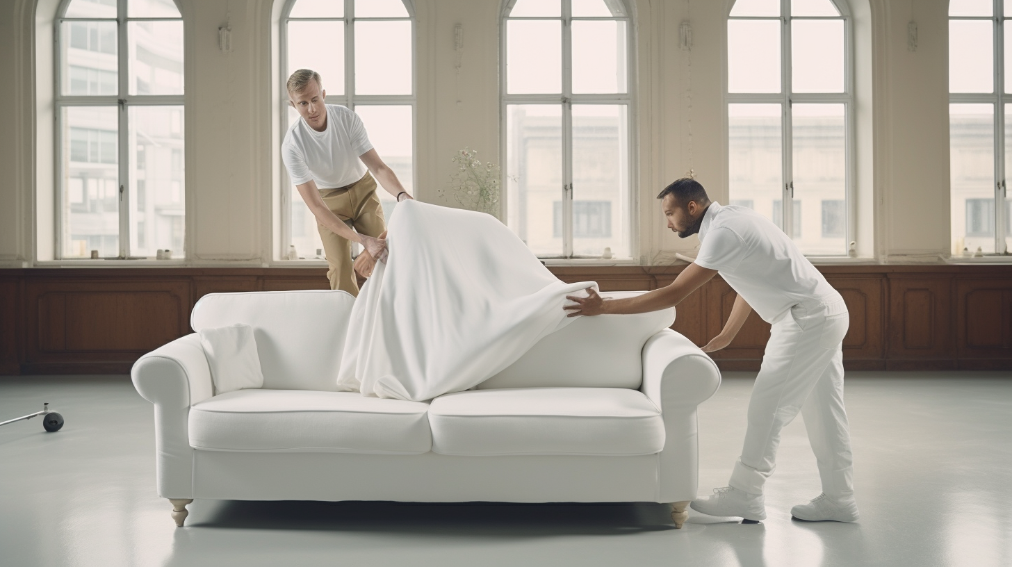 Two Men Carrying Upholstered Furniture in a Bright Room