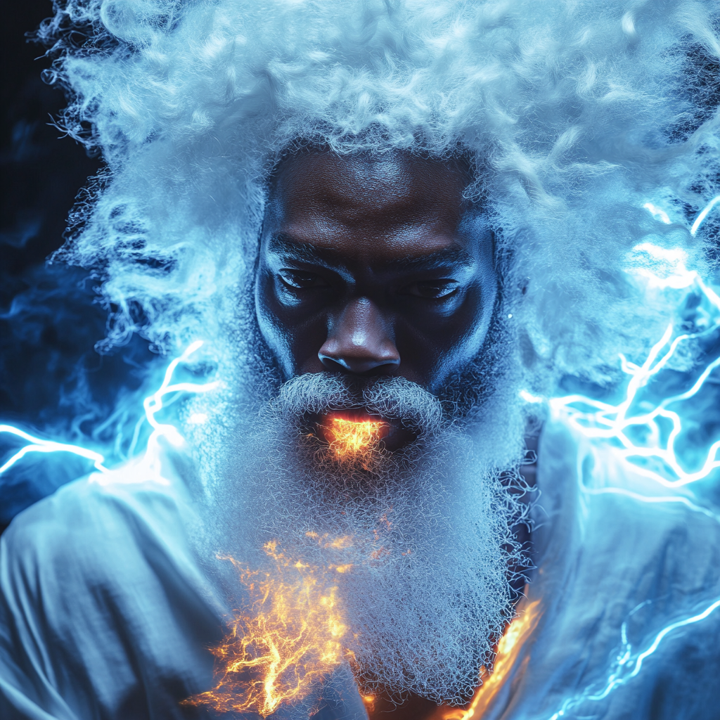 African American superhero with blue lightning fire