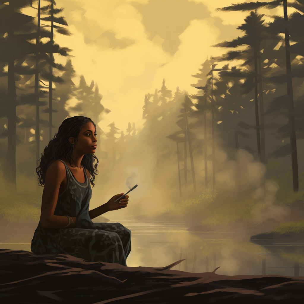 African American woman camping in serene forest