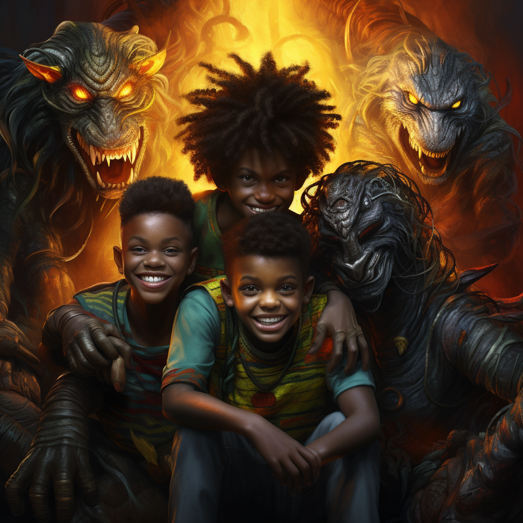 African boy with monster guardians