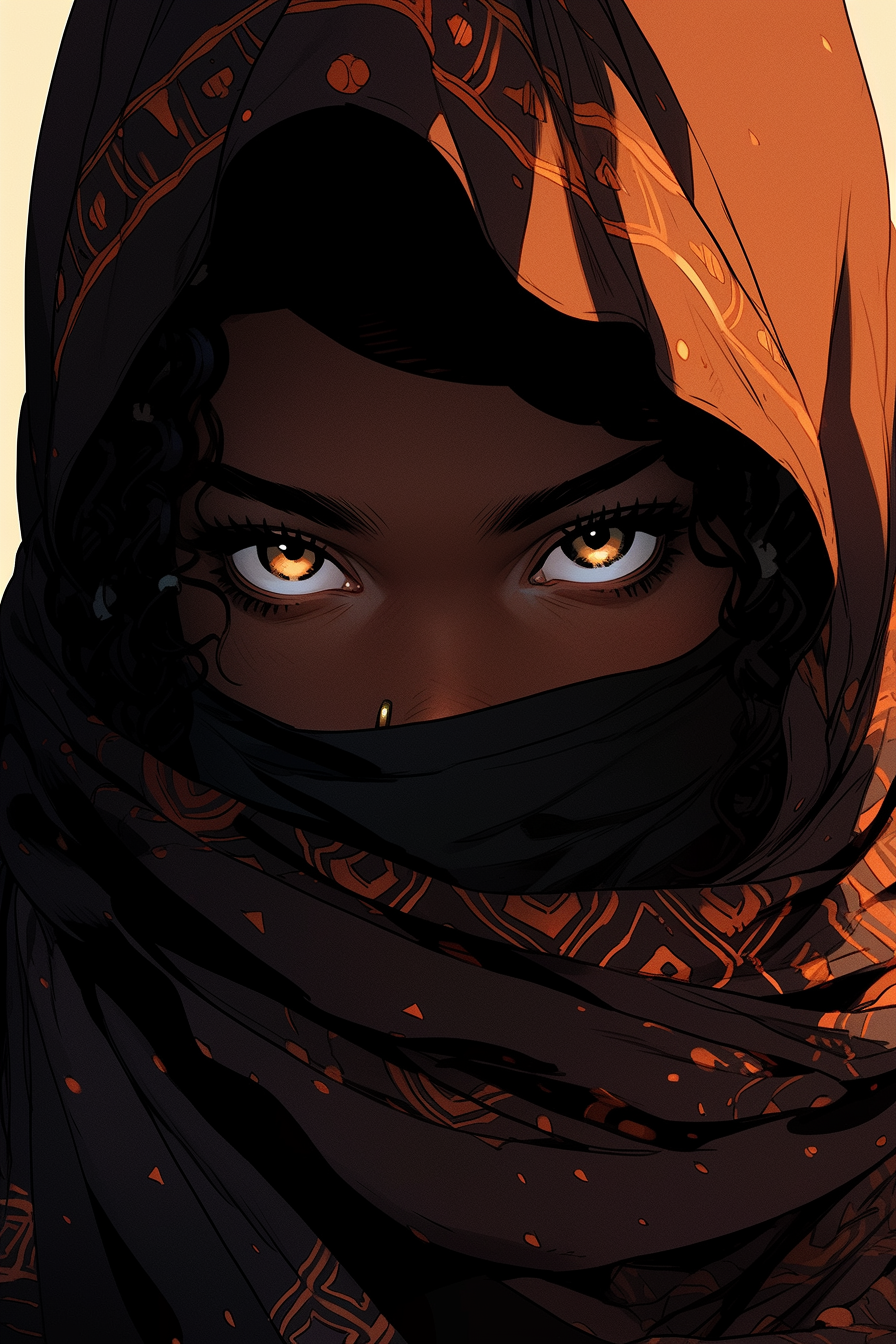 Black African female character wearing niqab and royal clothes