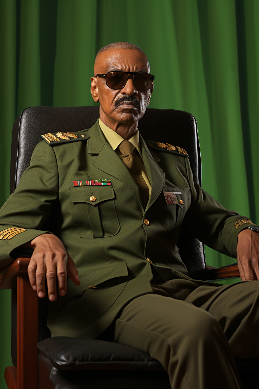 African male dictator in green military costume