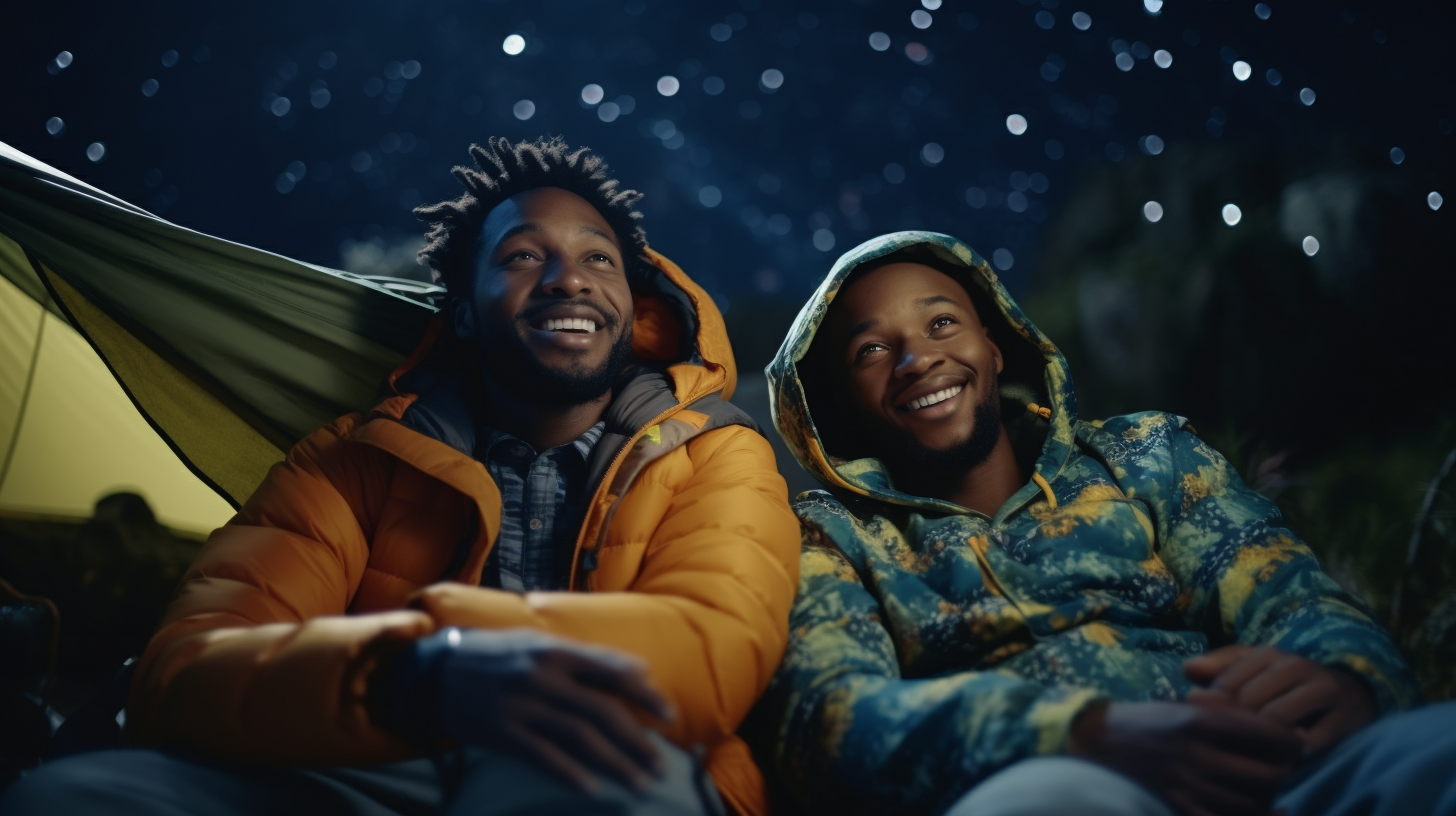 African men hikers with fireflies at night