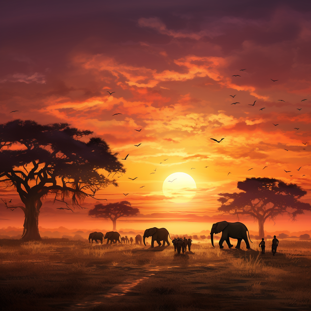 Wildlife walking against African sunset