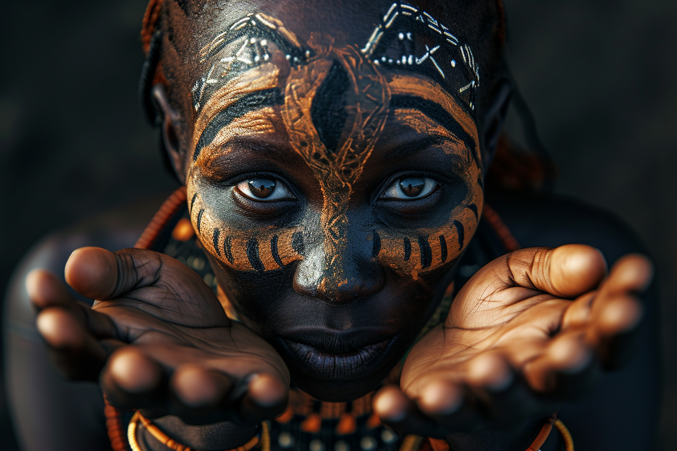 African woman with fierce eyes wearing African mask