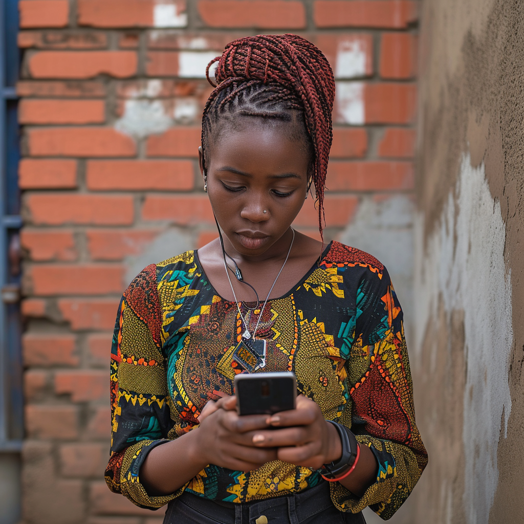 African woman in urban environment on phone