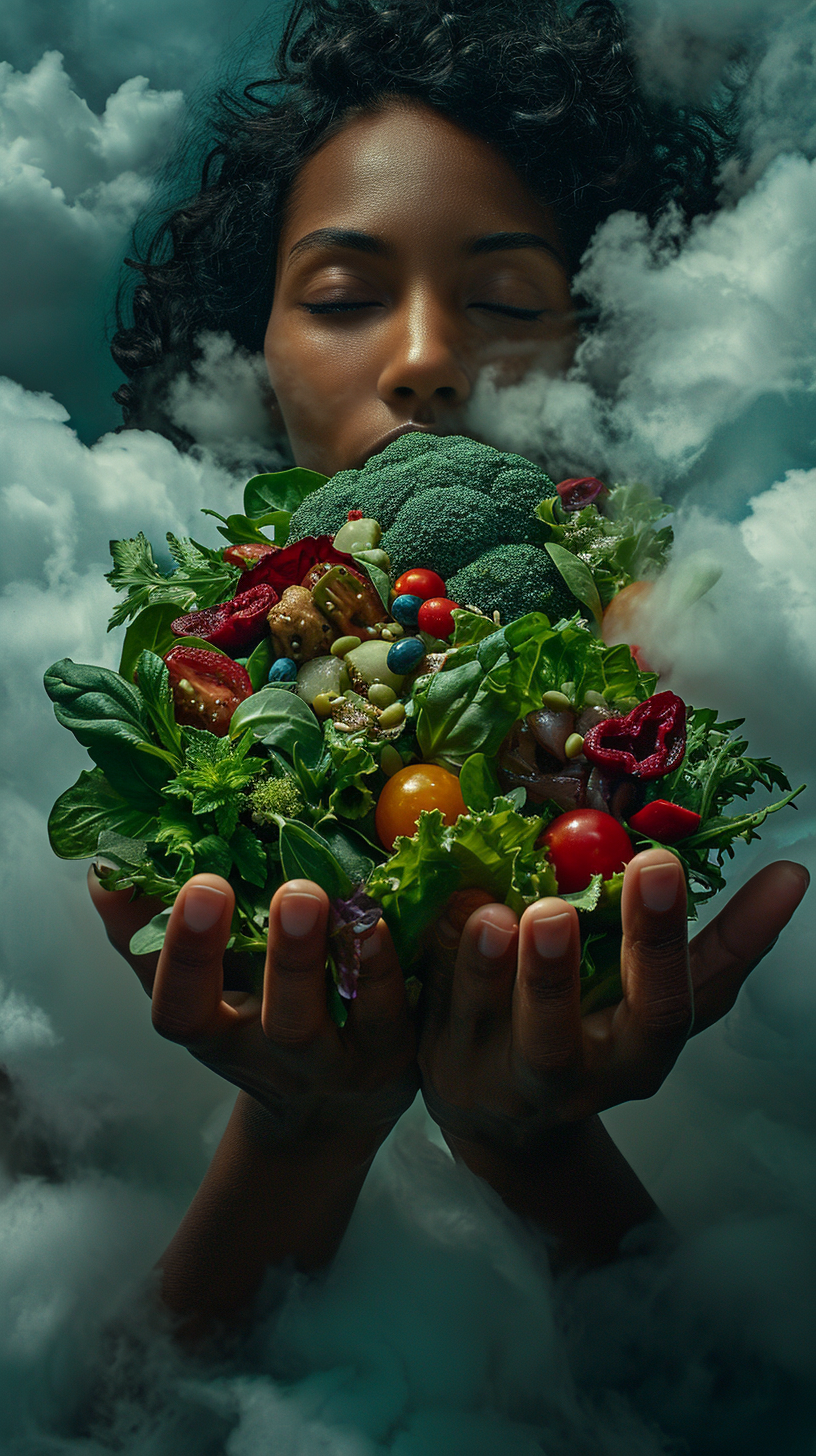 African American woman hands holding healthy salads