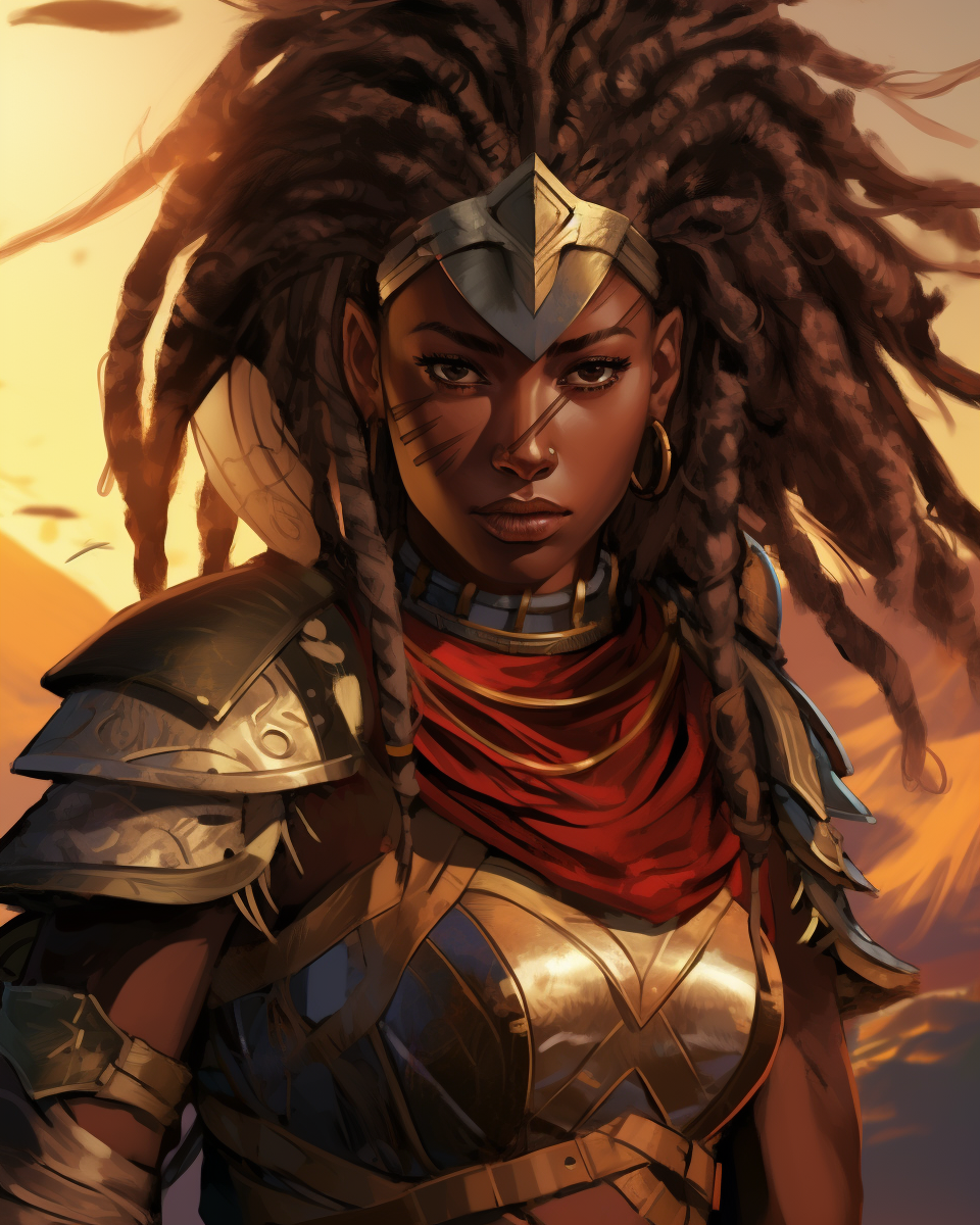 Brave African female warrior in gekiga anime style