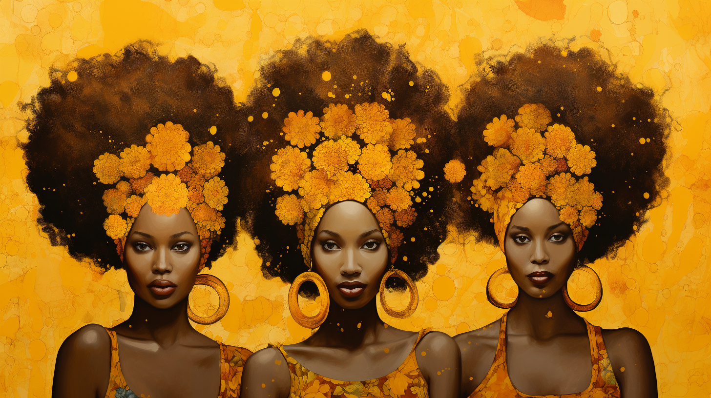 African women with flowered hair on gold background