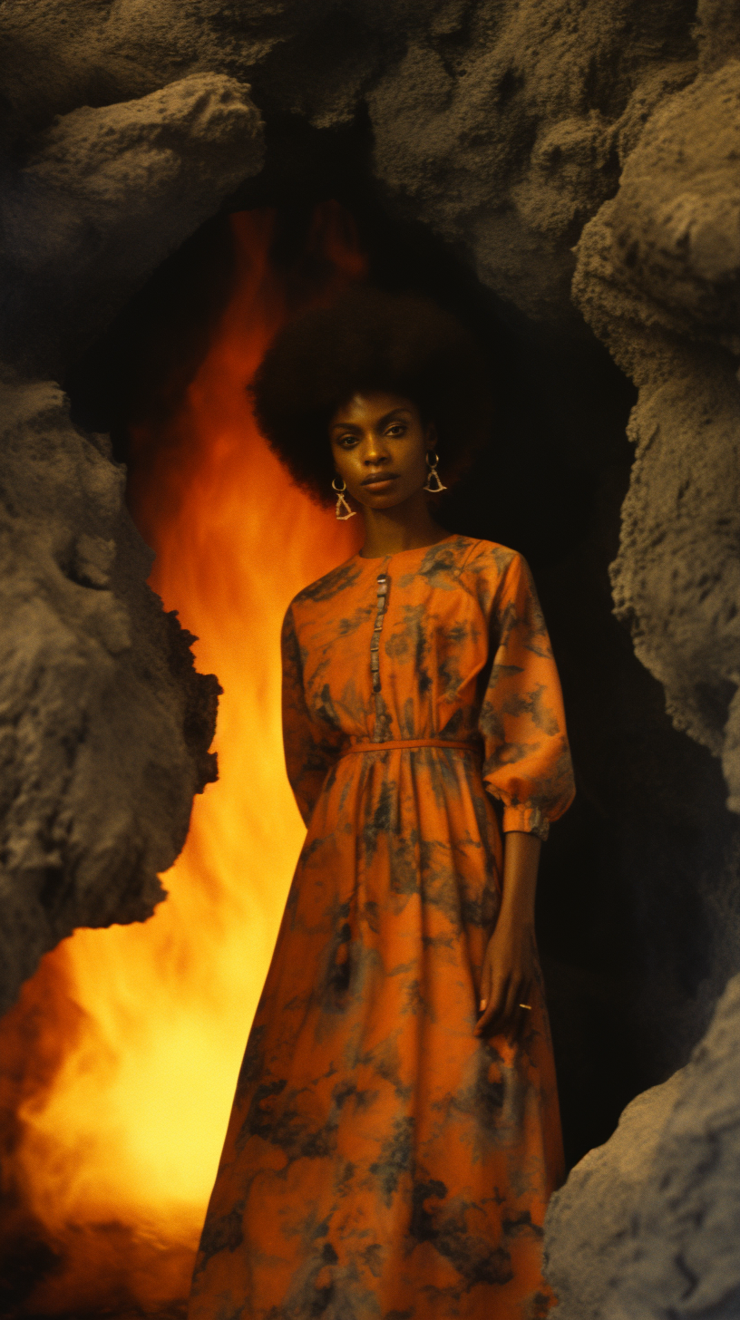 Beautiful woman standing in cave with fiery background