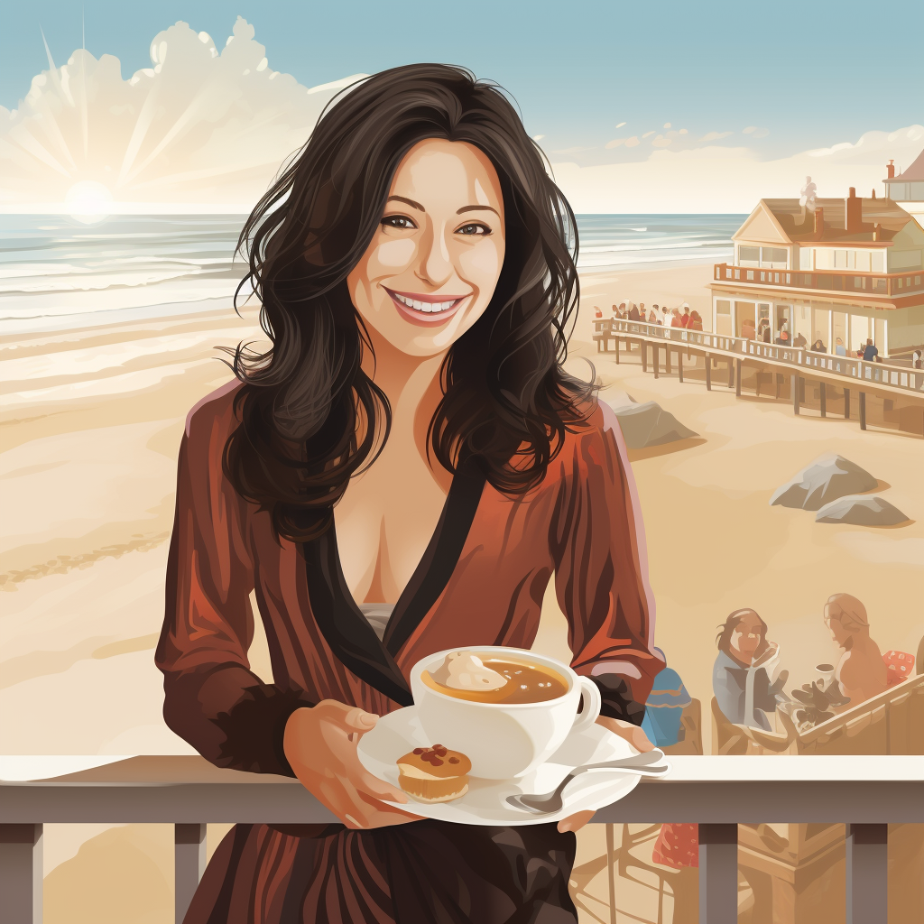 Smiling woman holding a cup and saucer at the beach