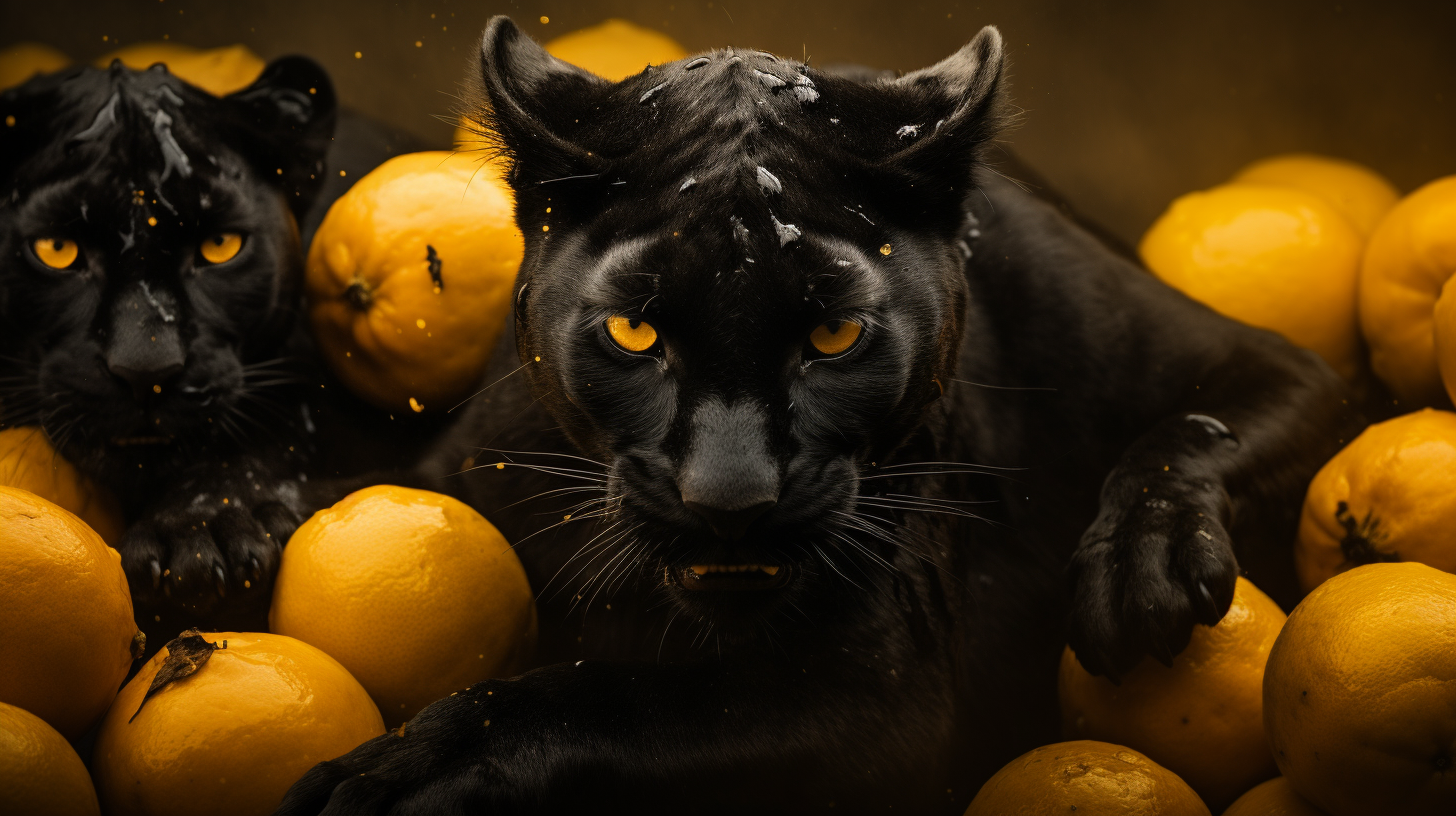 Aggressive Black Panthers in Oranges Fruit Storm