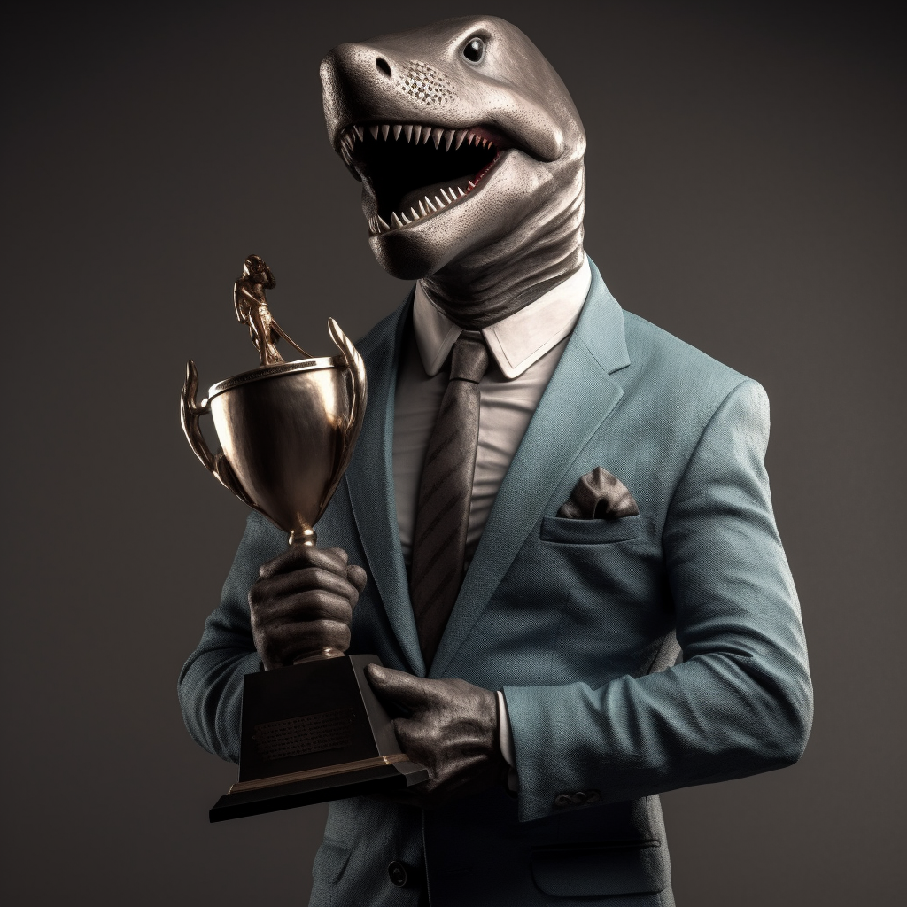 Aggressive shark holding a trophy in a suit