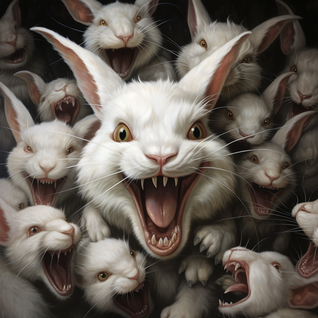 Aggressive white rabbit surrounded by cute bunnies