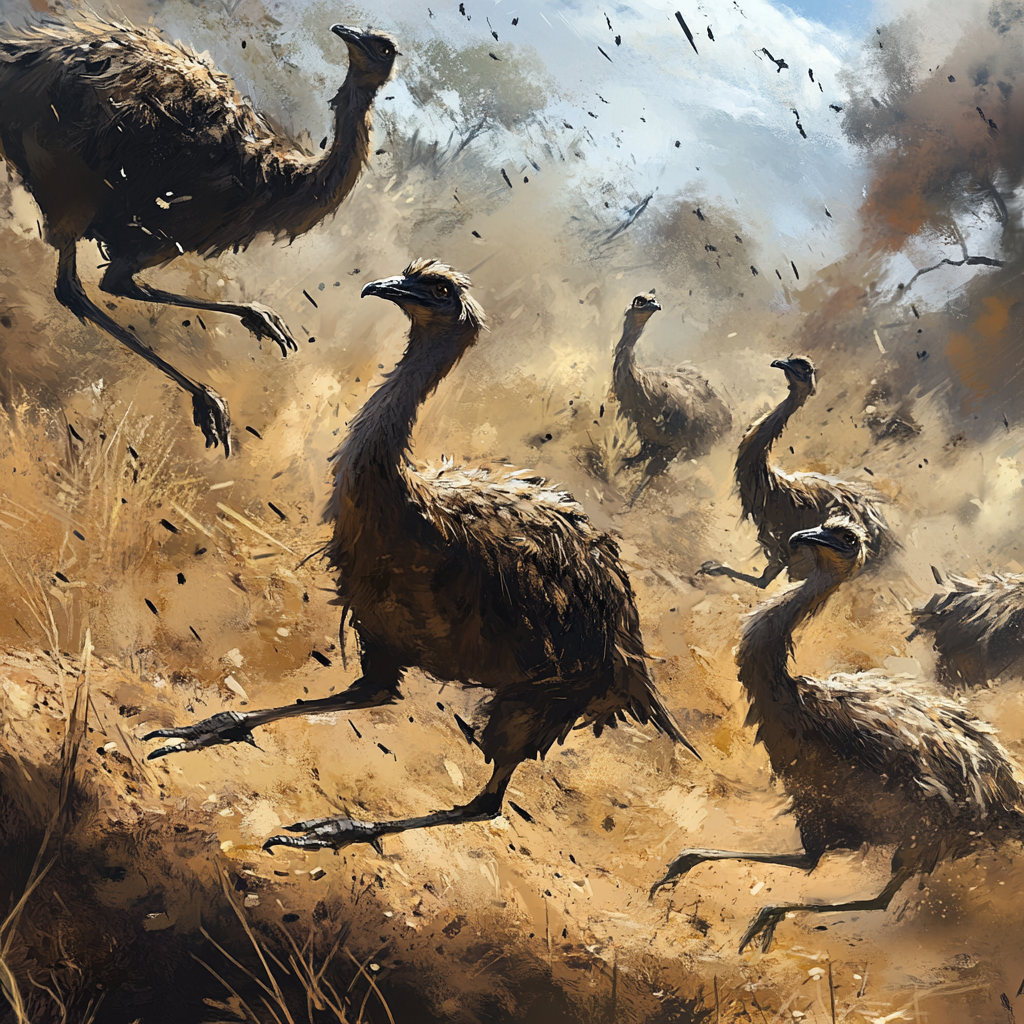 Emus dodging gunfire in field