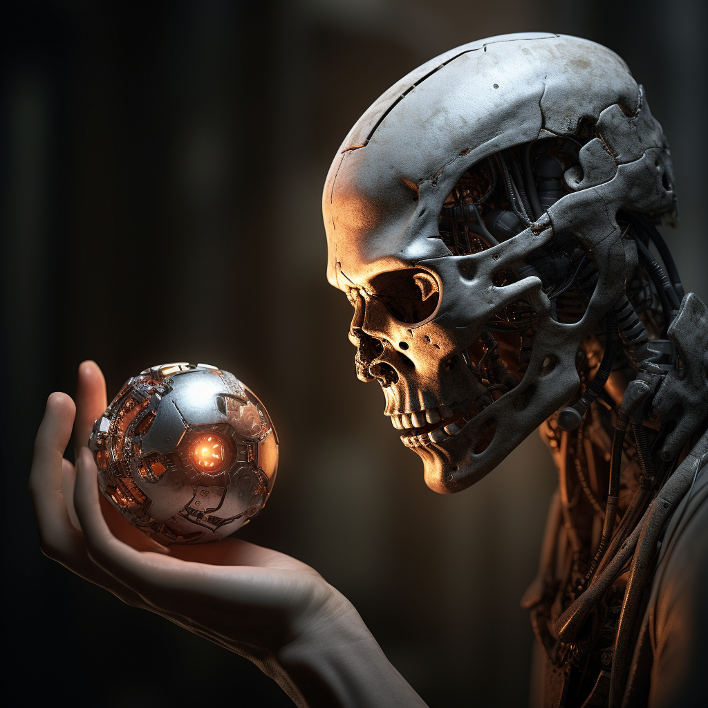 AI robot holding human skull  image