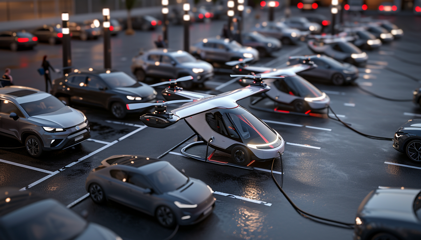 Air Taxis and Electric Cars Parked