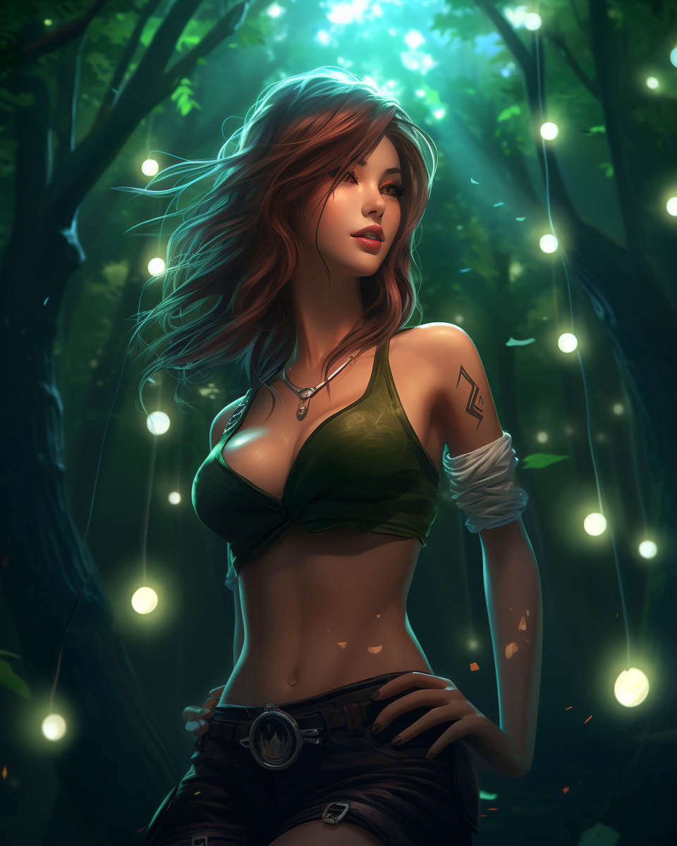 Akali in green top in moonlit forest