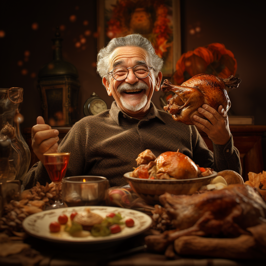 Alcoholic grandfather enjoying Thanksgiving meal