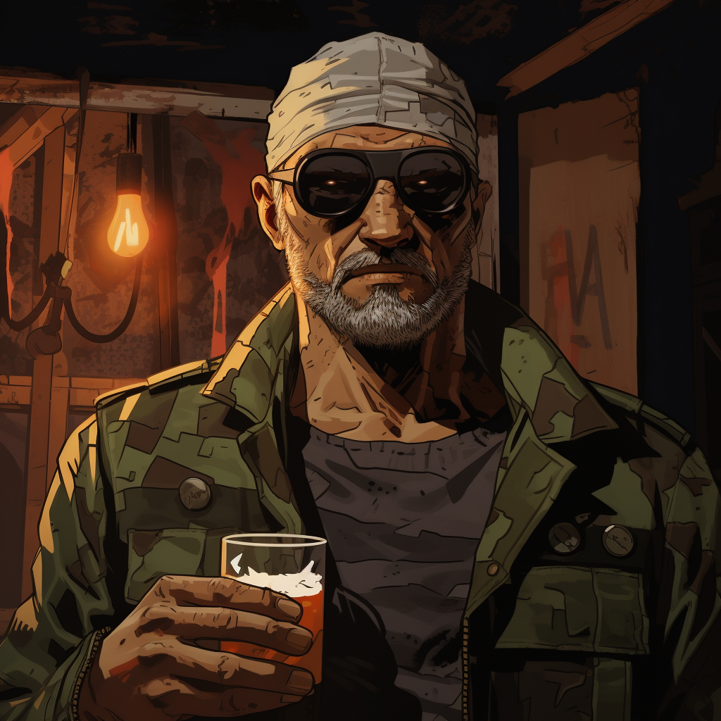 Ukrainian man wearing eyepatch inside a bar