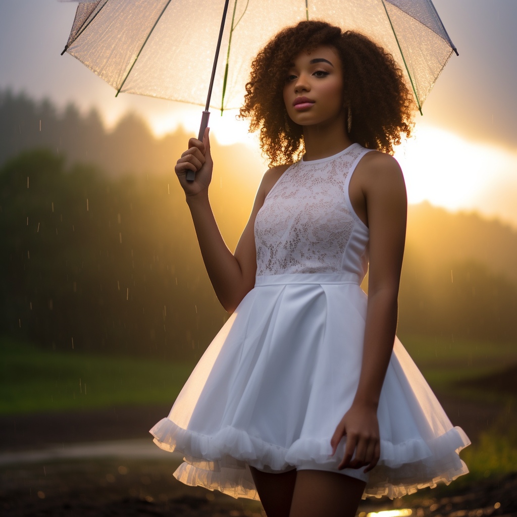 Afroamerican Teen in Cute White Dress, Sunrise Rain