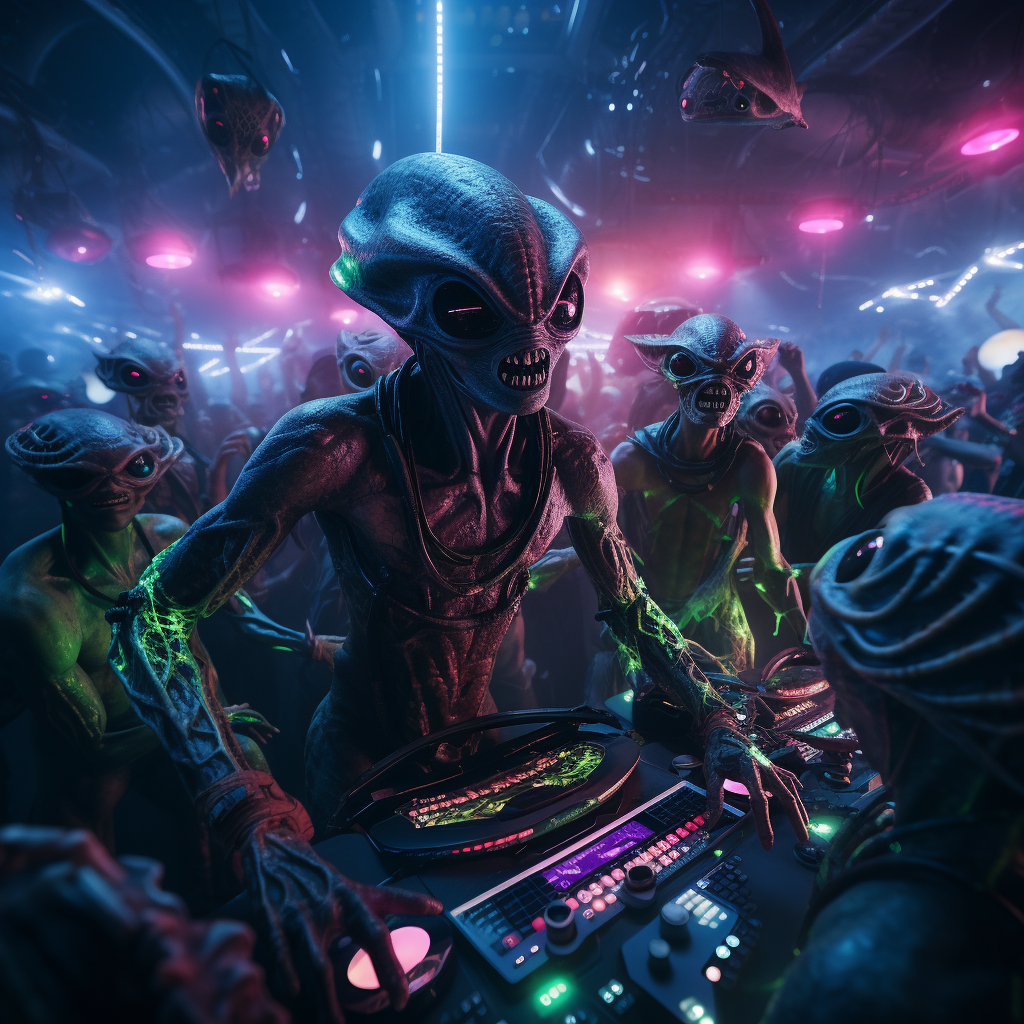 Cute aliens DJing at a rave party