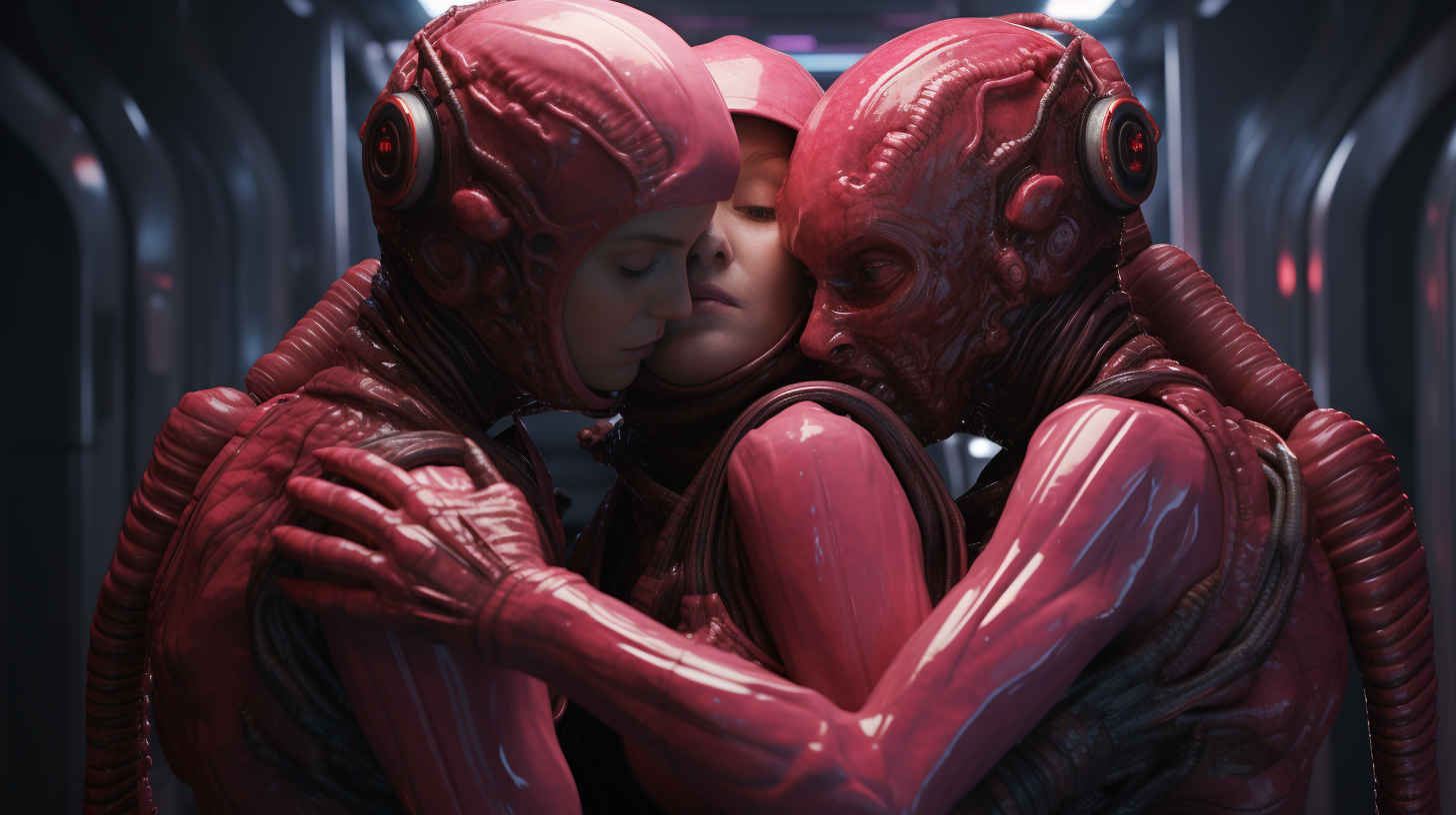 Group of aliens hugging eachother in dystopian cyberpunk setting