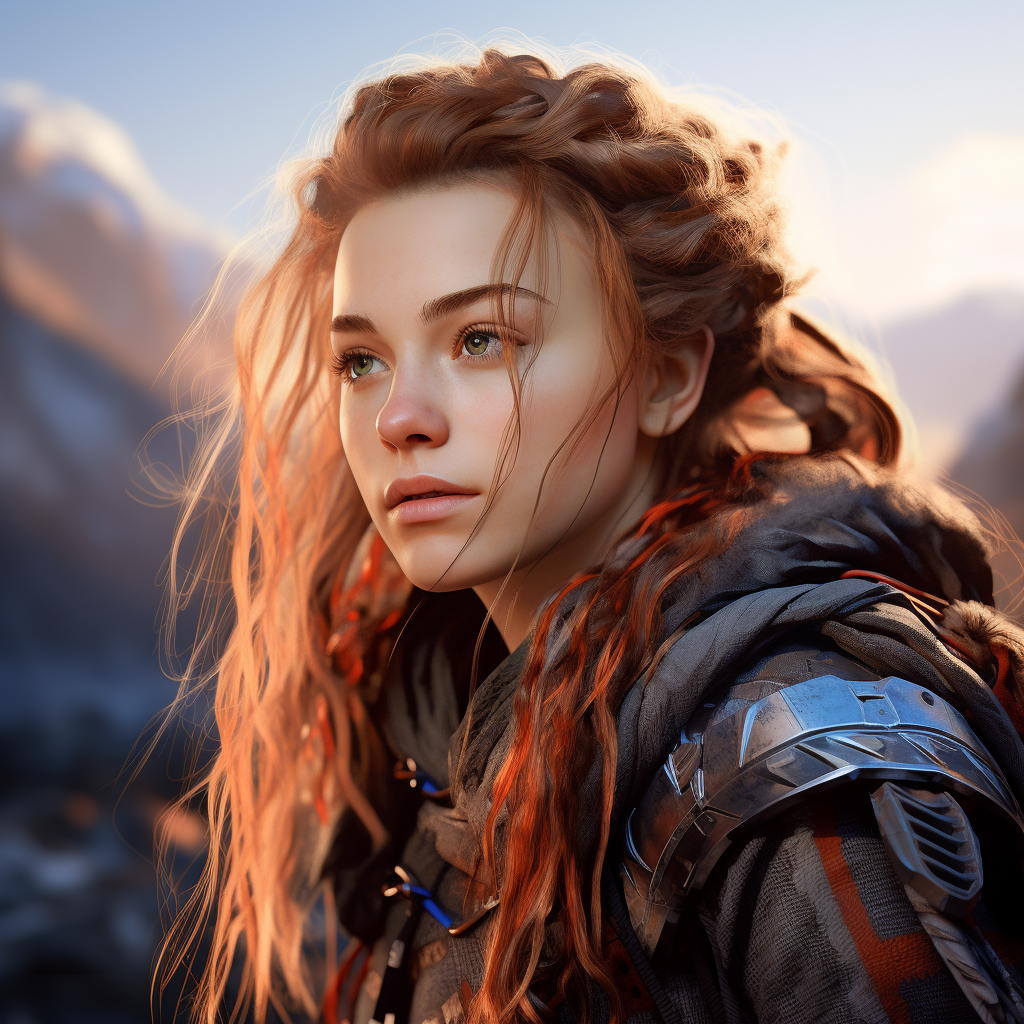 Photorealistic drawing of Aloy from Horizon Zero Dawn