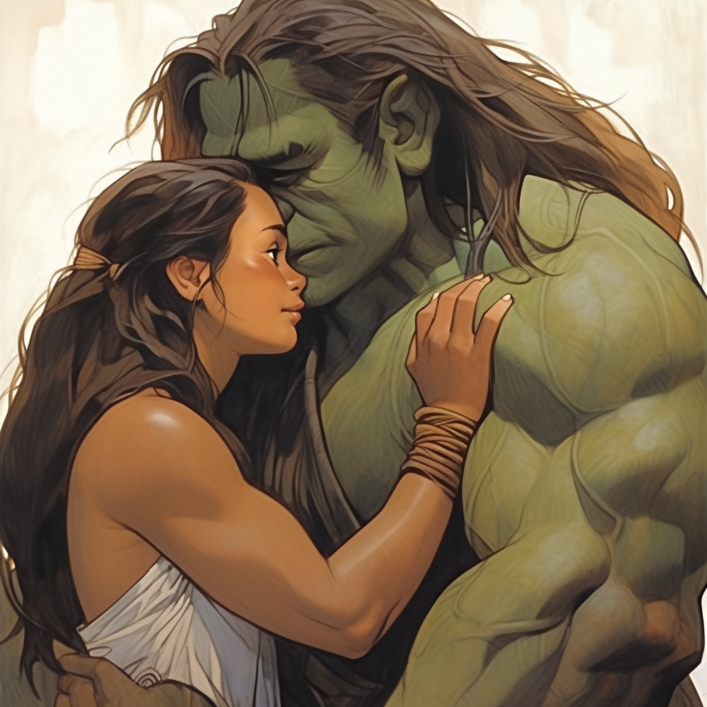 Muscular Amazonian Ogre girl kisses her cute human girlfriend