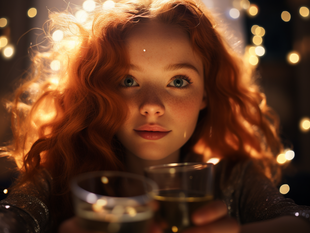 Young girl with amber hair drinking champagne