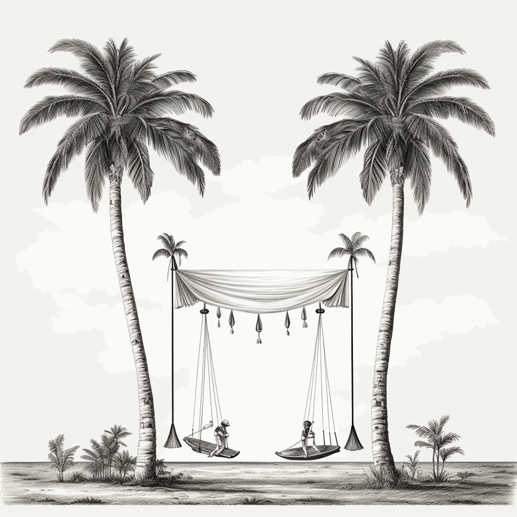 Black and white beach swing amidst palms