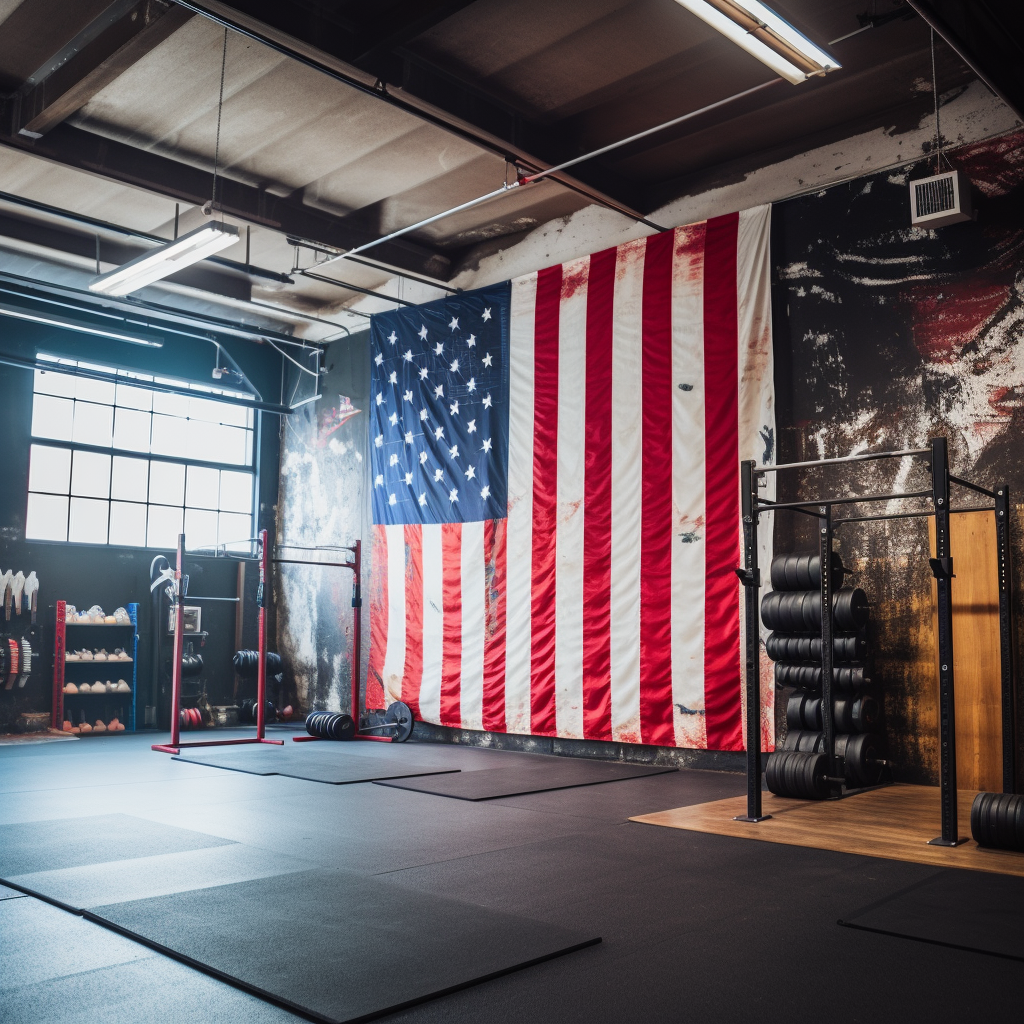 American flag in bright CrossFit gym