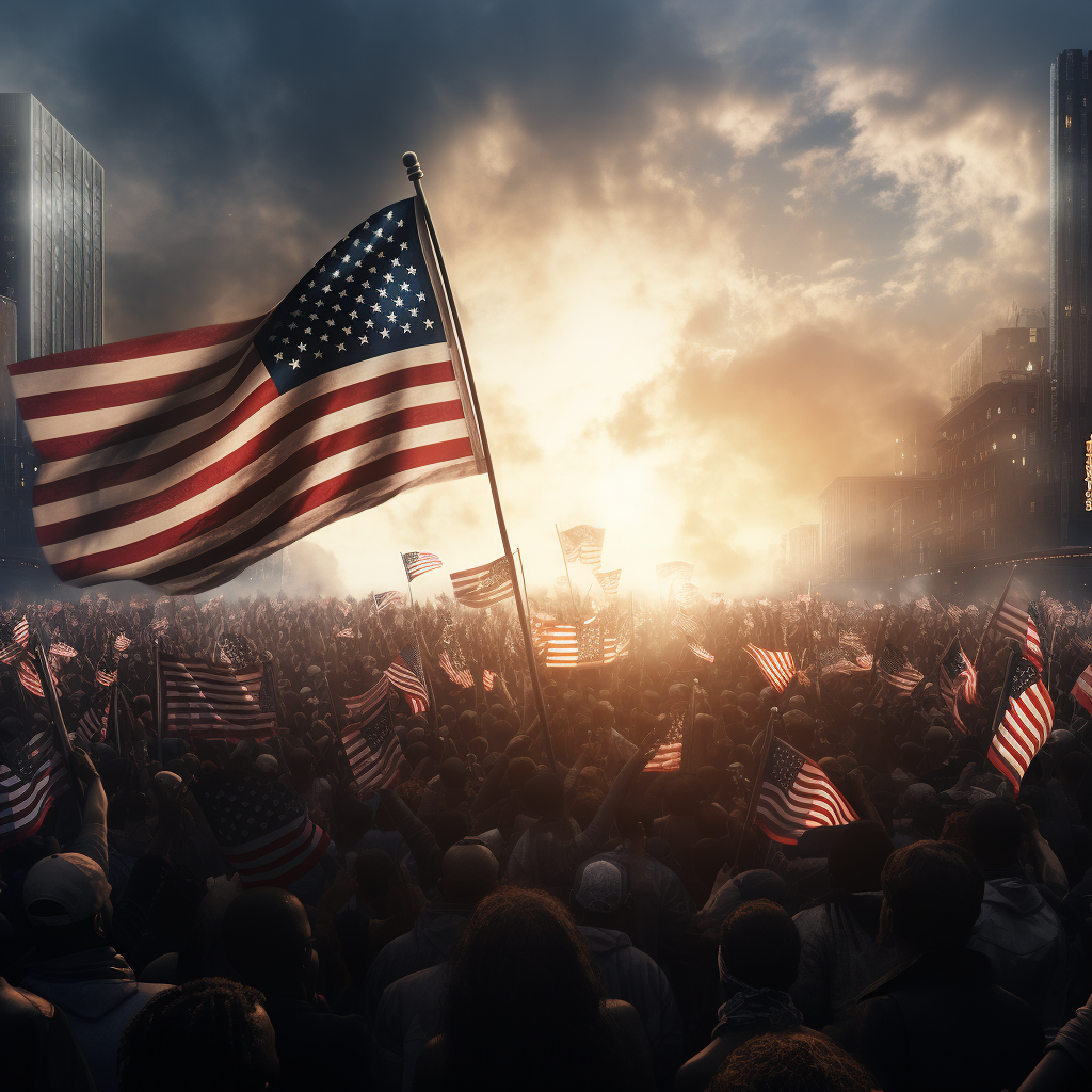 Crowd waving American flag at rally