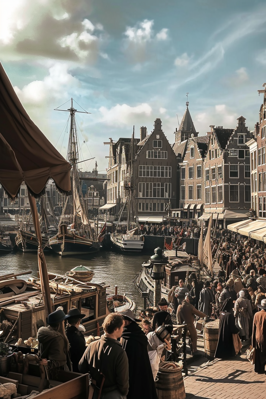 Busy VOC harbour in Amsterdam, 1600