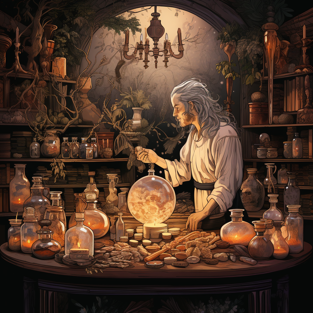 Vintage illustration of an ancient apothecary with herbs and dates