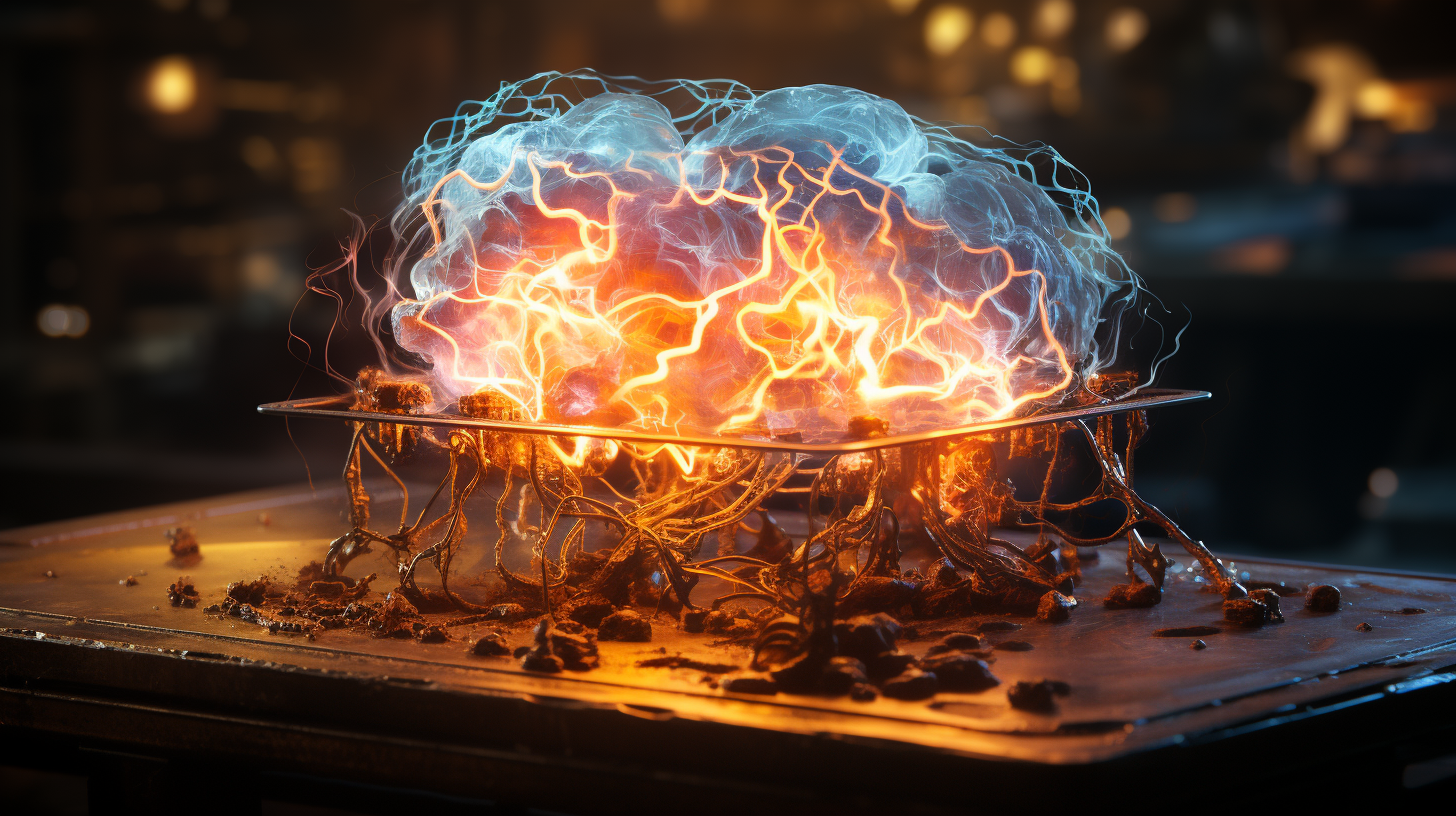 Image of ancient brain on a table with electric sparks