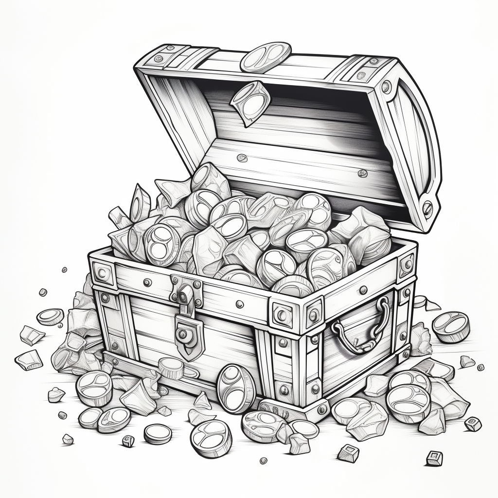 Cartoon image of ancient chest with coins, jewels, and gemstones