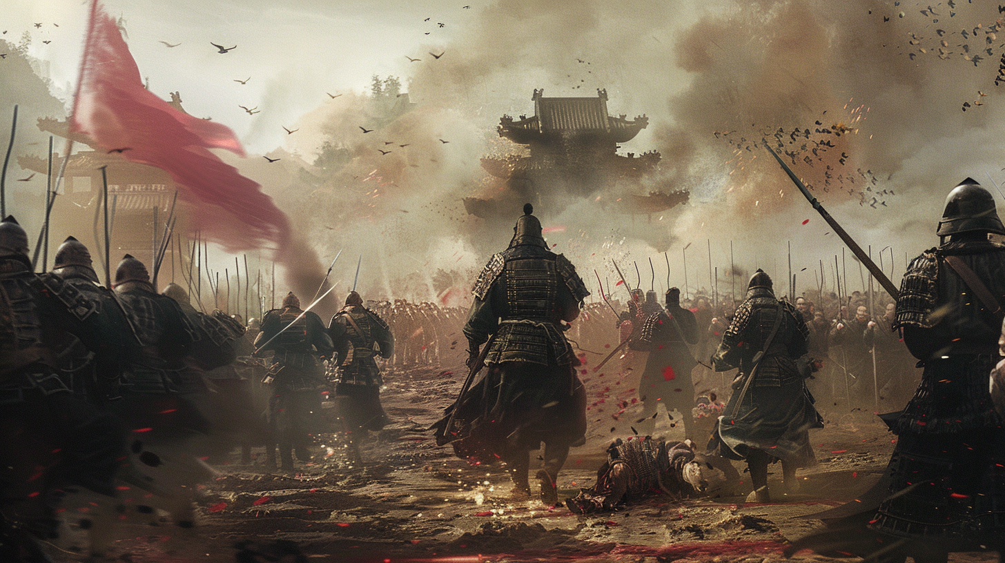 Soldiers in Hanfu armor battle city