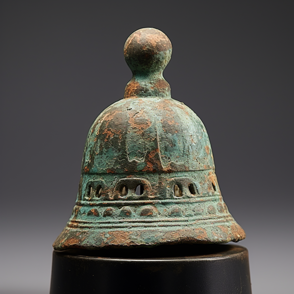 Ancient small round bell with verdigris and scratches