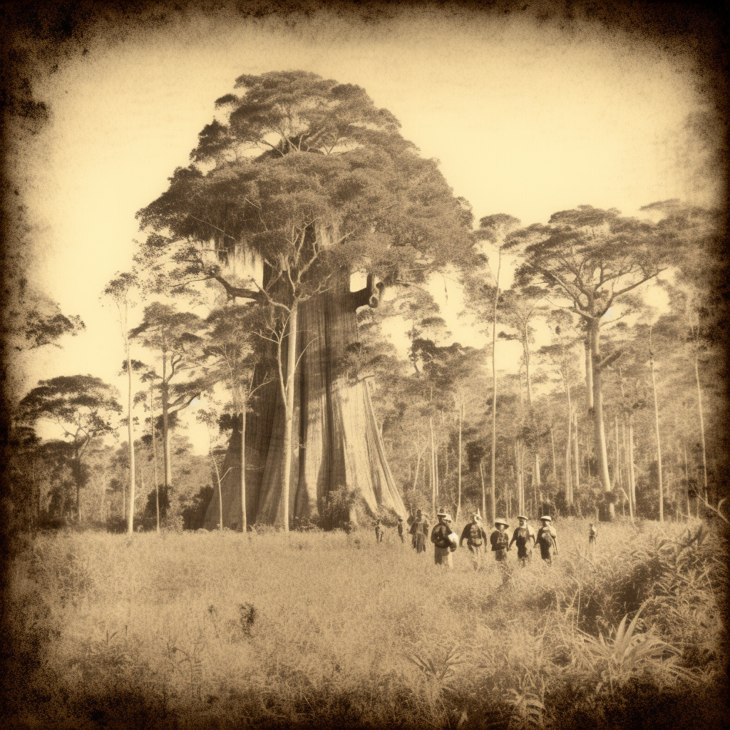 Sepia-toned photo of giants in field