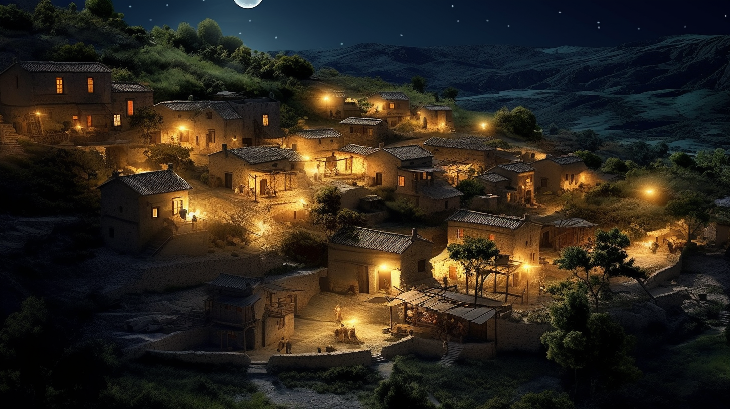 Serene moonlit ancient Greek village