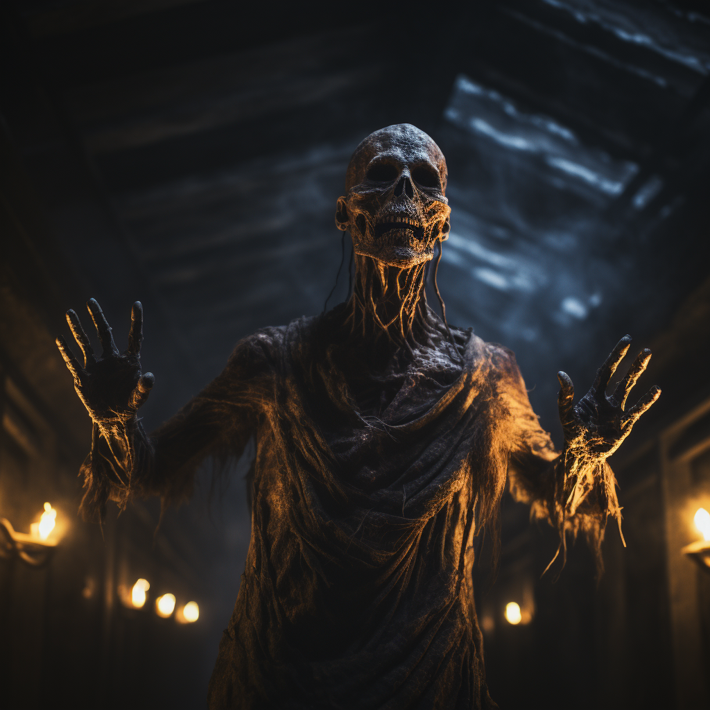 Ancient mummy in dark tomb reaching out