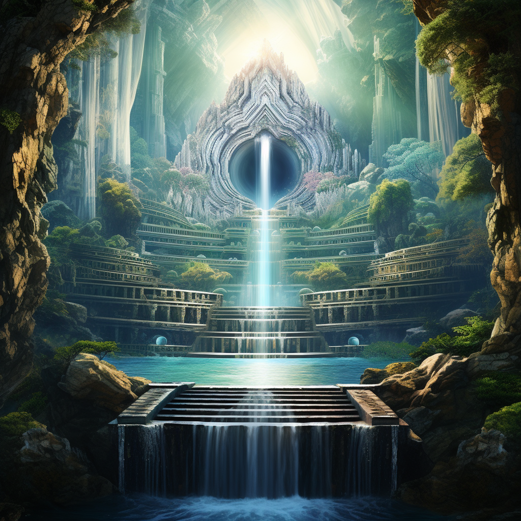 Stunning ancient ornament waterfall cosmic gate