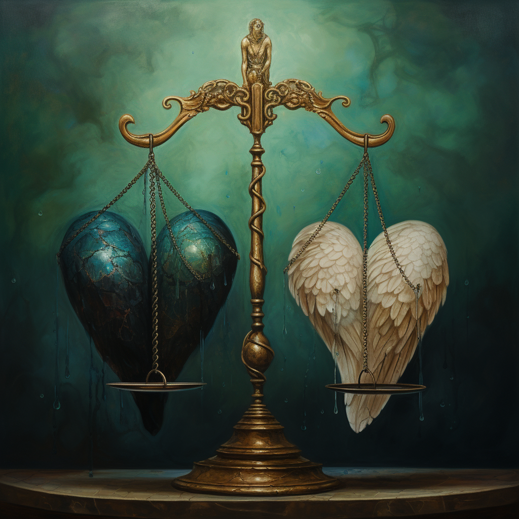 Ancient scales with feather and heart artwork