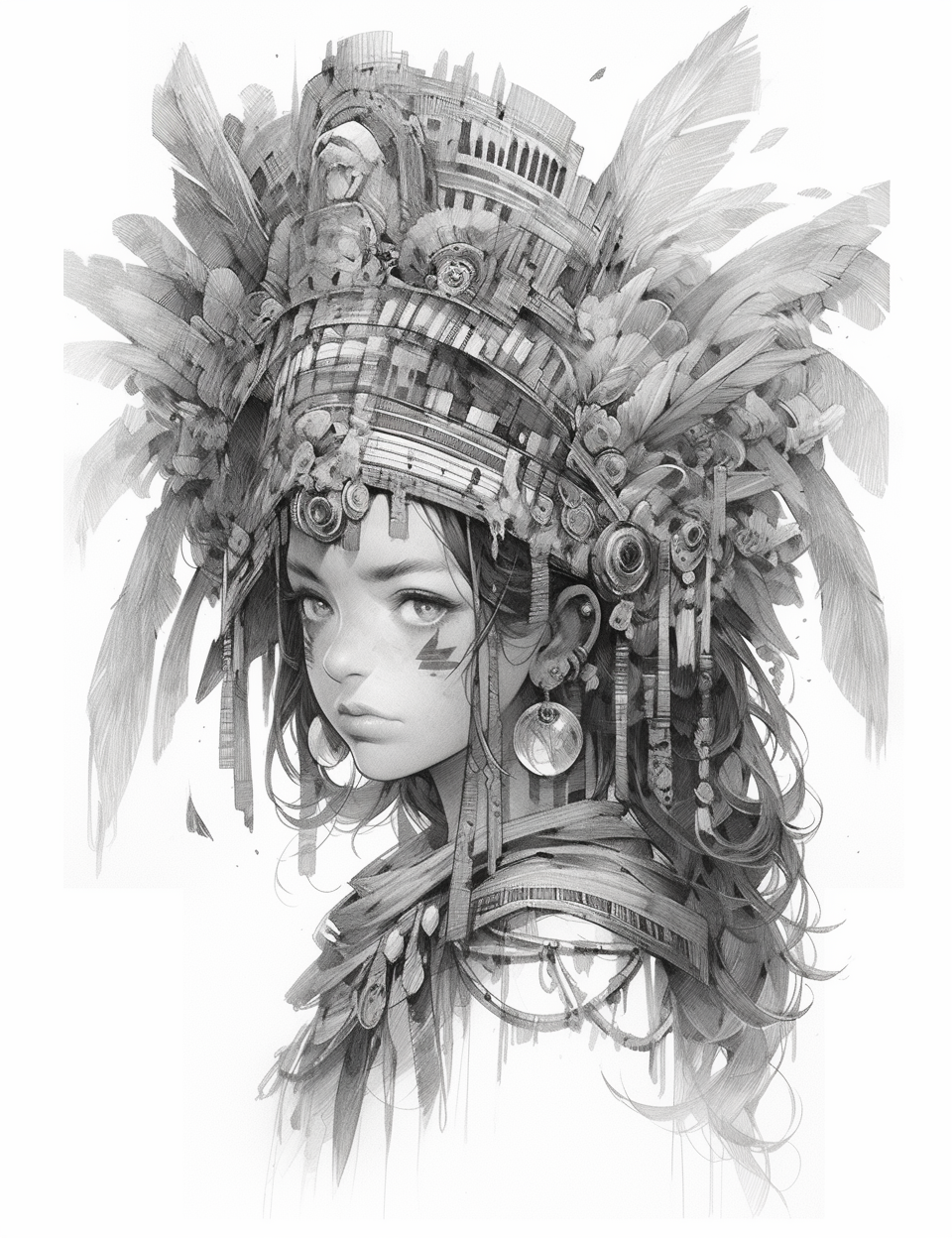 Stunning black and white sketch art of an Andean Inca princess