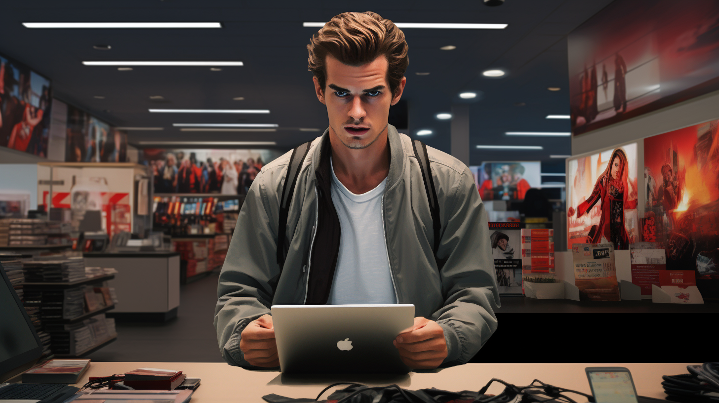 Andrew Garfield amazed in smartphone store