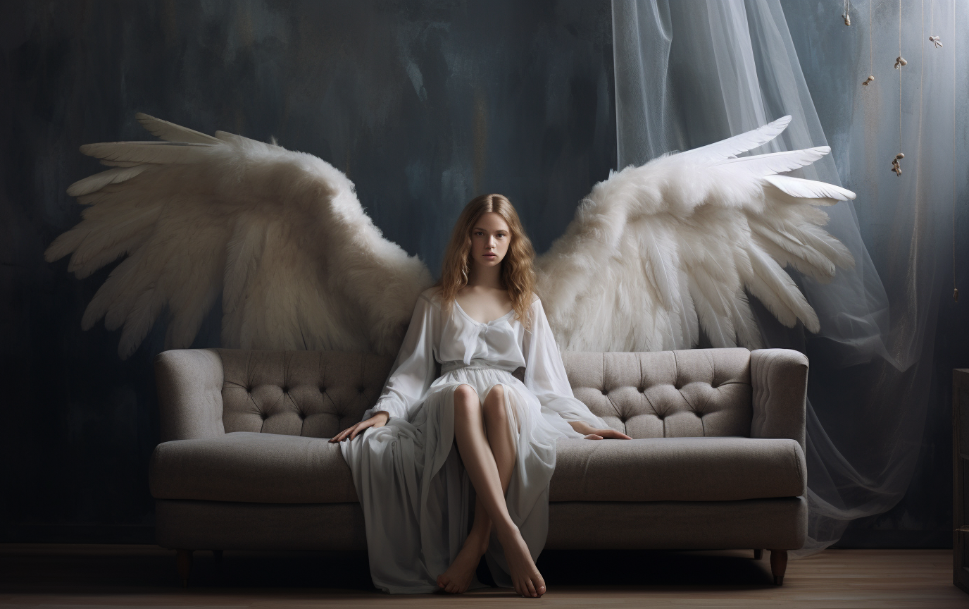 Angel sitting on sofa at home