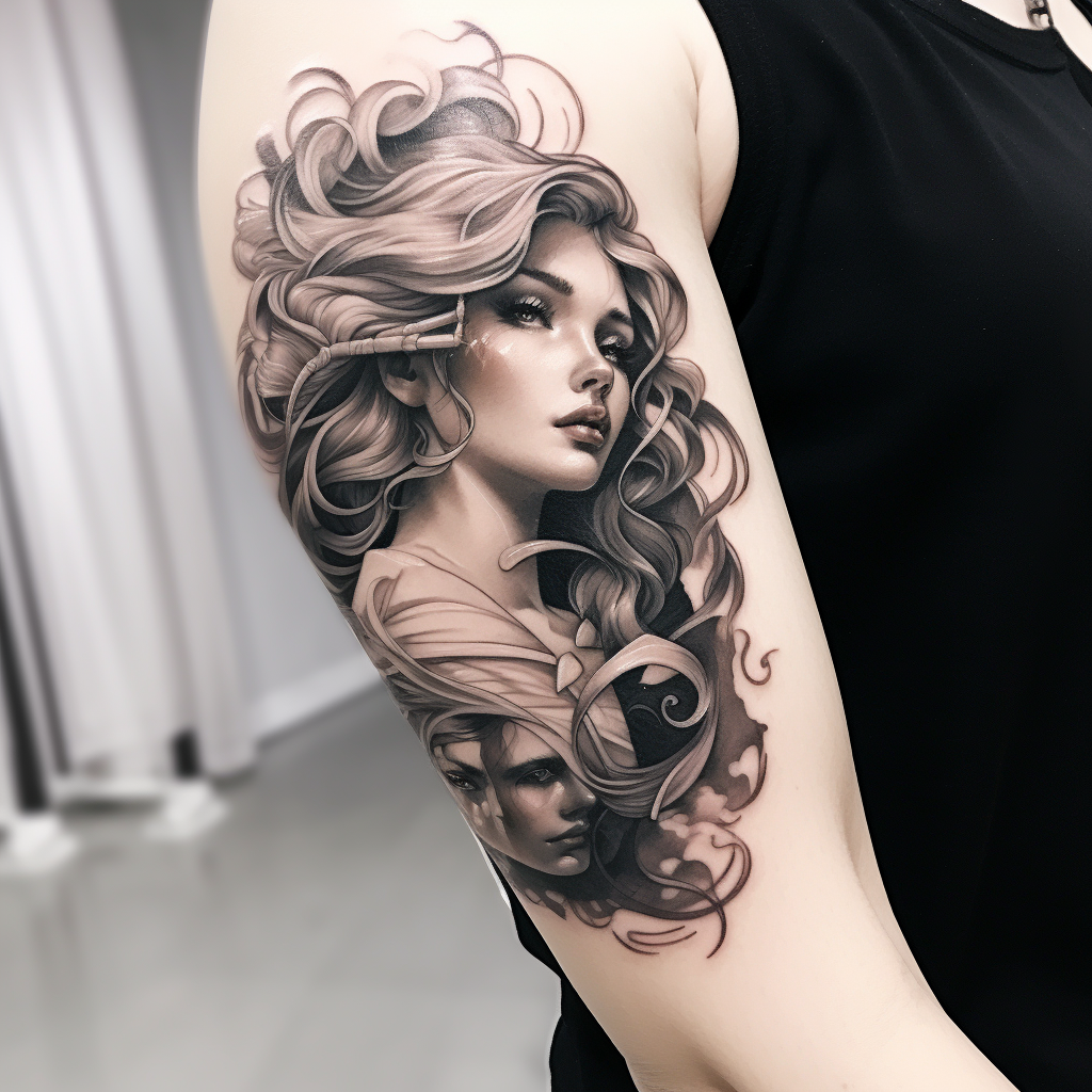 Angel Tattoo with Curly Hair and Strong Light