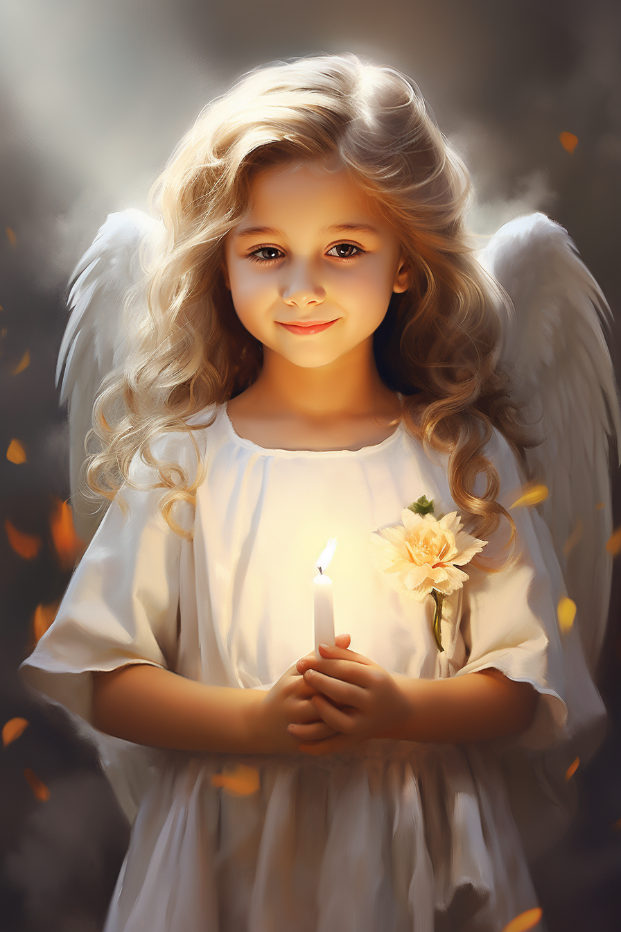 Young girl smiling in front of angel wings